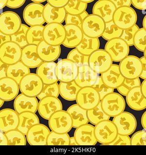 Golddollar-Münzen nahtloses Muster. Flacher Stil Draufsicht Hintergrund. Umhüllung der Hintergrundtextur mit sich wiederholenden Währungssymbolen der USA. Geldsymbole zufällig p Stock Vektor