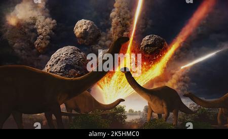 Ein 3D illustrierender Angriff auf einen Asteroidenschlag, der vor 65 Millionen Jahren zum Aussterben der Dinosaurier führen würde. Stockfoto