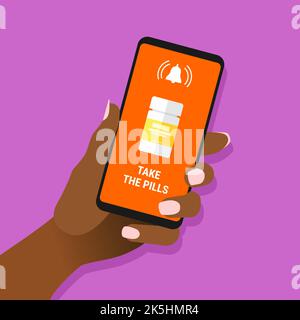 Afrikanische weibliche Hand halten Smartphone mit nehmen die Pillen Nachricht und Drogen auf dem Bildschirm. afroamerikanische Frau, die ein Mobiltelefon mit Benachrichtigung zeigt. Gesundheit Stock Vektor