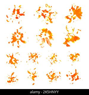 Tintenabzüge von Ringelblumenblättern. Orange inky Blots Kollektion. Handgefertigtes Set aus formlosen Abdrücken, Flecken, Spritzern und Flecken. Dekorative Elemente Stock Vektor