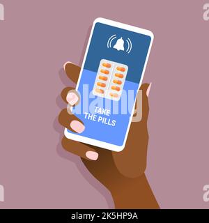 Afrikanische weibliche Hand halten Smartphone mit nehmen die Pillen Nachricht und Drogen auf dem Bildschirm. afroamerikanische Frau, die ein Mobiltelefon mit Benachrichtigung zeigt. Gesundheit Stock Vektor