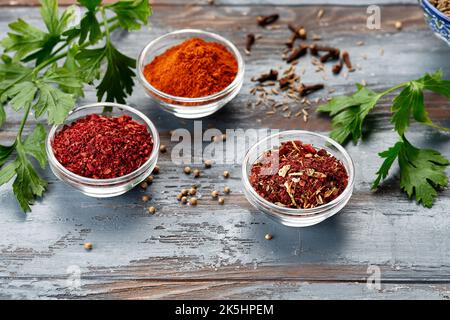 Verschiedene Gewürze in Schüsseln auf grauem Tisch. Gewürze in Pulverform Stockfoto