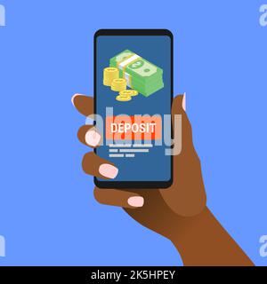 Afro-amerikanische weibliche Hand halten Handy mit Einzahlungsnachricht auf dem Bildschirm. Afrikanische Frau zeigt Smartphone mit Banknoten und goldenen Münzen auf dem Display. Stock Vektor