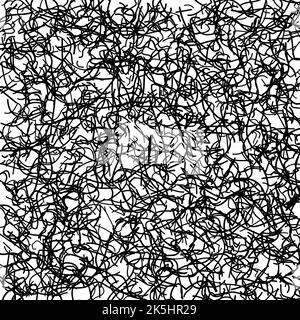 Abstrakte Textur aus schwarzen verworrenen geometrischen Linien auf weißem Hintergrund. Unordentliche Kurven, die sich in chaotischer Reihenfolge schneiden. Kein nahtloses Muster. Eine Farbe Ove Stock Vektor