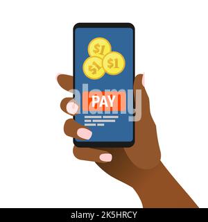 Afrikanisches weibliches HandgriffSmartphone mit Pay-Message auf dem Bildschirm. afroamerikanische Frau zeigt Mobiltelefon mit goldenen Münzen auf dem Display. Zahlungskonzept Stock Vektor