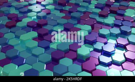 Abstrakte Komposition aus bunten sechseckigen Formen, gut für allgemeine Hintergründe, 3D Rendering Stockfoto