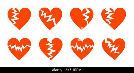 Rote gebrochene Herzen flache Symbole gesetzt. Zerstörte Herzsymbole auf Weiß isoliert. Unglückliche Liebe, Scheidung oder psychische Schmerzen Konzept. Verschiedene Formen mit Rissen. Stock Vektor
