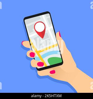 Weibliche Hand hält Smartphone mit Karte und Marker. Mobiles GPS-Tracking-Konzept. Frau, die für die Navigation oder die Bestellung eines Taxis telefoniert. App für Standortverfolgung Stock Vektor