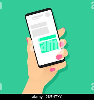 Weibliche Hand hält Telefon mit Chat-Nachrichten. Sprechblasen auf dem Smartphone-Bildschirm. Messaging Mobile App Konzept. Frau, die für die Online-Kommunikation ein Telefon verwendet Stock Vektor