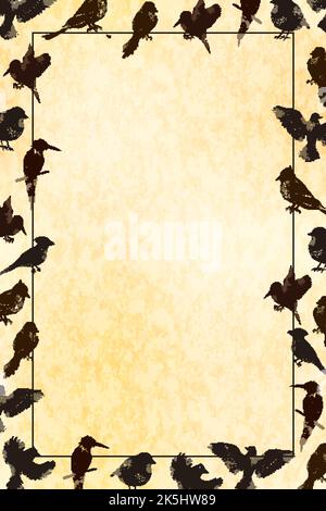 Leerer Vintage-Rahmen mit vielen Vögeln verschiedener Arten im Linolschnitt auf altem Papier Stock Vektor