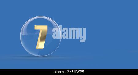 Goldene Zahl 7 Glaskugel auf blauem Hintergrund, Kopierraum und Beschneidungspfad. Realistische 3D Render Lichtreflexion und fallengelassene Schatten Illustration. Stockfoto