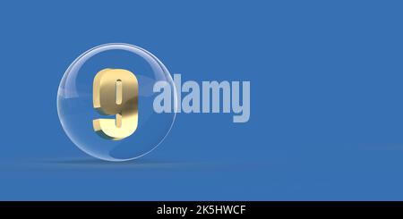 Goldene Zahl 9 Glaskugel auf blauem Hintergrund, Kopierraum und Beschneidungspfad. Realistische 3D Render Lichtreflexion und fallengelassene Schatten Illustration. Stockfoto