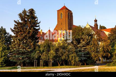 Breslau, Polen - 19. Juli 2022: Panoramablick auf Sand Island Wyspa Piasek mit dem Kirchturm der Heiligen Maria in der historischen Altstadt Stockfoto