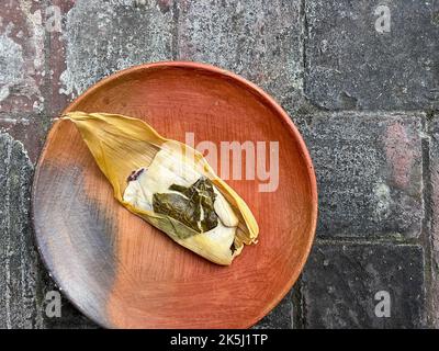 Ein Oaxacan Tamal auf einem Teller mit masa und hierba santa Stockfoto