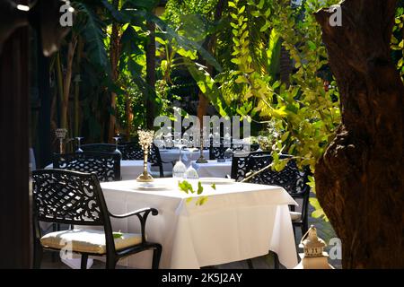 Die mit weißen Tischdecken bedeckten Tische stehen auf der Straße zwischen den Bäumen Stockfoto