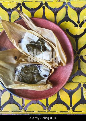 Zwei Oaxacan Tamales auf einem Teller auf einem gelben Musterhintergrund Stockfoto