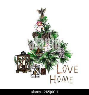 Aquarell-Neujahrsbaum mit weihnachtlichen Holzdekorationen: Kiefernäste mit wollem Herzen, Love Home Inschrift, Taschenlampe aus Holz und Kerzenhalter Stockfoto