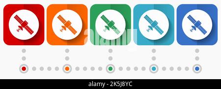 Satellit, Verbindung, Kommunikation, Technologie-Vektor-Symbole, Infografik-Vorlage, Satz flacher Designsymbole in 5 Farboptionen Stock Vektor