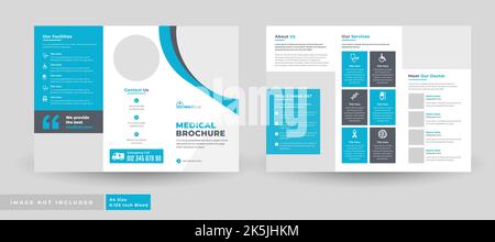 Vorlage einer dreifachen medizinischen Versorgungsbroschüre mit grauen und blauen geometrischen Mustern Stock Vektor