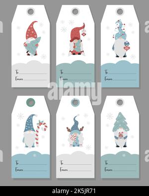 Geschenkanhänger zu Weihnachten. Kartenetiketten mit niedlichen Schriftzeichen skandinavische Gnome. Nettes Mädchen Gnom mit Lollipop und männlichen Gnom Weihnachtsbaum. Vektor. Isolat Stock Vektor