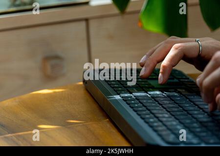 Arbeiten zu Hause mit einer Laptop-Frau, die ein Blog schreibt. Weibliche Hände auf der Tastatur Stockfoto