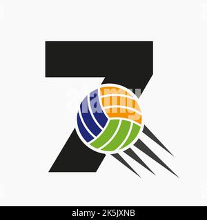 Anfangsbuchstabe 7 Volleyball Logo Konzept Mit Beweglichem Volleyball Symbol. Vektor-Vorlage Für Volleyball-Sport-Logo-Symbol Stock Vektor