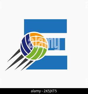 Anfangsbuchstabe E Volleyball Logo Konzept mit beweglichem Volleyball Symbol. Vektor-Vorlage Für Volleyball-Sport-Logo-Symbol Stock Vektor
