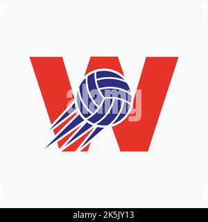 Anfangsbuchstabe W Volleyball Logo Konzept mit beweglichem Volleyball Symbol. Vektor-Vorlage Für Volleyball-Sport-Logo-Symbol Stock Vektor