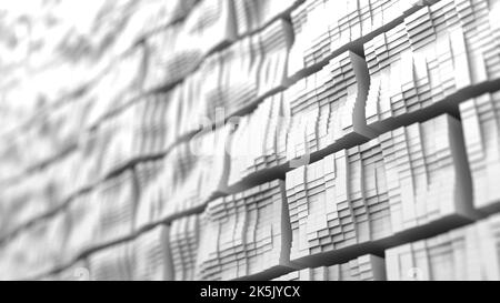 3D Darstellung einer einfachen Ziegelwand mit unregelmäßiger geometrischer Oberfläche in Graustufen. Stockfoto