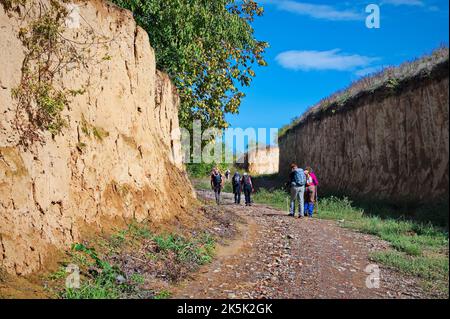 Gruppe älterer Wanderer, die durch die Kerbe gehen Stockfoto