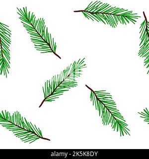 Aquarell von Hand gezeichnetes nahtloses Muster mit Tannenzweigen. Nadelbaum Winter Wald Holz Stoff Druck, weihnachtsbaum Fichte Hintergrund Stockfoto
