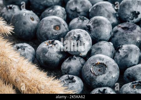 Nasse reife Heidelbeeren aus der Nähe, Makroaufnahme. Stockfoto