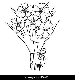 Handgezeichnete Illustration von Blumen Blätter Strauß Strauß in schwarzer Linie Umriss. Minimalistisches florales Gartendesign, Blüte für Karteneinladungen, elehantes Laubpflanzenkonzept Stockfoto