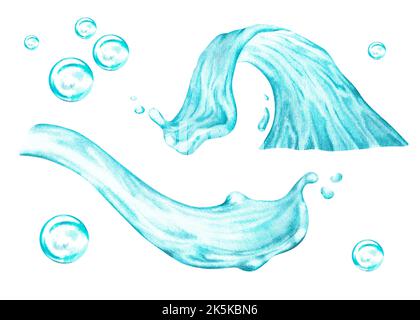 Wellen und Wasserspritzer mit Seifenblasen. Aquarelldarstellung. Isoliert auf weißem Hintergrund. Separate Elemente für das Design. Stockfoto