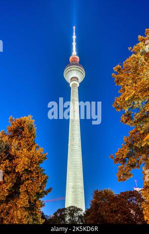 Der berühmte Fernsehturm in Berlin zur Blauen Stunde durch einige Bäume gesehen Stockfoto