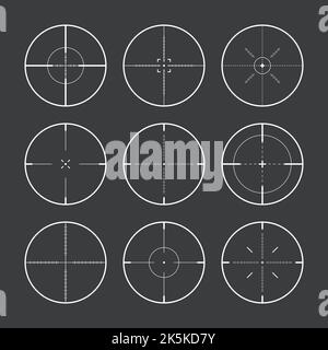 Verschiedene Scharfschützengewehr Visiere, Waffe optischen Scope Fadenkreuz. Sucher für Jagdwaffen. Symbol für das Aufschießzeichen, zielen. Militärisches Zielschild. Spieloberfläche Stock Vektor