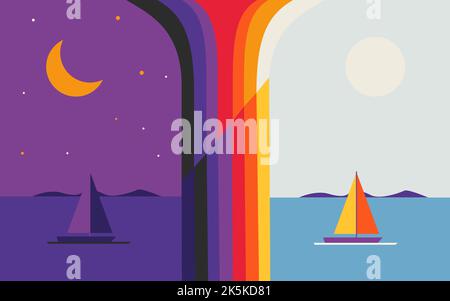Vektor-Illustration Konzept von Tag und Nacht. Das Boot fährt Tag und Nacht auf dem Meer Stock Vektor