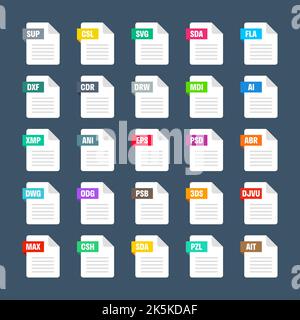 Gängige Systemdateiformate. Dokumenttypen und Erweiterungen. Flache Ikonen-Kollektion. Dokument-Piktogramm, Web-Design-UI-Element, Vorlage. Computer Stock Vektor
