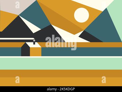 Vektor-Illustration eines Hauses auf einem Hintergrund von Bergen in einem Mosaik-Stil in Retro-Farben. Minimalistischer Style Stock Vektor