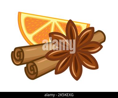 Vektor-Illustration Satz von Glühwein Gewürze Zutaten. Eine Scheibe Orangenfrucht, Zimtstangen und Sternanise Stock Vektor