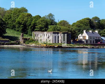 County Cork, Irland, 28. Mai 2022. An einem sonnigen Frühlingstag lagern die Ruinen des Getreidespeichers am Ufer der Clonakilty Bay. Irische Landschaft. Die Ruinen von arund Stockfoto