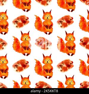 Aquarell-Illustration eines Musters eines orangen Eichhörnchens in Form eines Fleckes. Aquarellflecken. Es ist perfekt für Postkarten, Poster, Banner, Inv Stockfoto