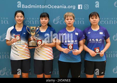 (Von links nach rechts) sang shuo yun, yu chien hui, Yang Ching tun, Chang Ching hui aus dem chinesischen Taipeh, gesehen während der Siegerehrung für den Doppeltitel der Frauen beim YONEX Sydney International 2022 im Netball Central, Sydney Olympic Park. Stockfoto