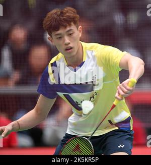 Sydney, Australien. 09. Oktober 2022. Lin Chun-Yi (Chinese Taipei) beim Finale der YONEX Sydney International 2022 Men's Single gegen Jia Wei Joel Koh (Singapur) in Aktion gesehen. Lin Chun-Yi gewann das Spiel 21-11, 12-21, 21-10. Kredit: SOPA Images Limited/Alamy Live Nachrichten Stockfoto