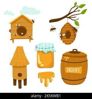 Honigproduktion Apiary Farm Produkte und Ausrüstung, Glasgläser, Bienenstock auf Baum, Holzkipper und Barrel mit Schale, Waben, Süße Flüssigkeit, Healt Stock Vektor