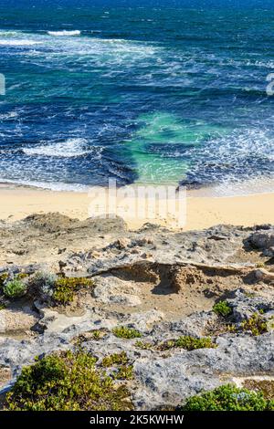 Surfers Point Beach und Mainbreak am Margaret River, Prevelly, Westaustralien Stockfoto