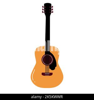 Vektorgrafik. Klassische Holzgitarre. Saitenzupfen Musikinstrument. Kleine akustische Gitarre oder Ukulele. Rock- oder Jazz-Ausrüstung. Aufkleber mit Stock Vektor