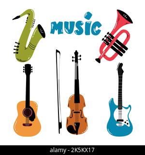 Große Sammlung von Cartoon-Musikinstrumenten. Vektorgrafik Stock Vektor