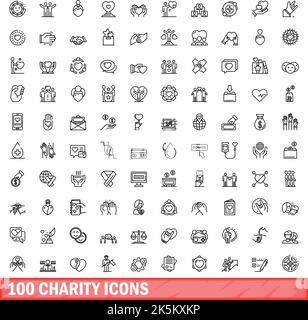 100 Charity-Symbole eingestellt. Skizzieren Sie die Darstellung von 100 karitativen Symbolen, die auf weißem Hintergrund isoliert sind Stock Vektor