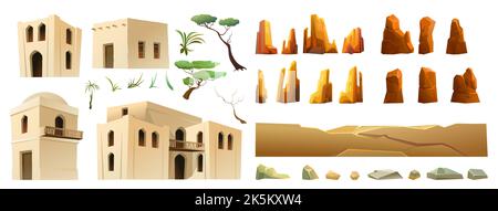 Arabische Lehmhütte. Set von Objekt und Felsen. Adobe-Wohnung im Nahen Osten. Traditionelles Haus in Afrika und Asien. Isoliert auf weißem Hintergrund Vektor. Stock Vektor